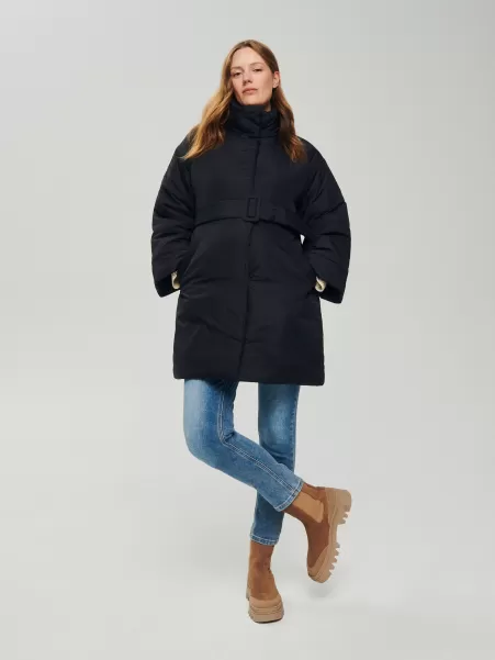 Ladies` Coat &Amp; Belt, C120797, Czarny, Reserved Cappotti E Giacche Nero Offerta Donna