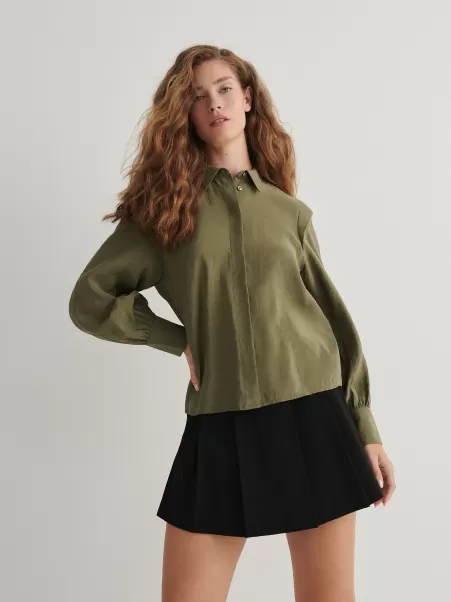 Camicia In Misto Modal Camicie, Maglie Reserved Verde-Marrone Donna Esclusivo