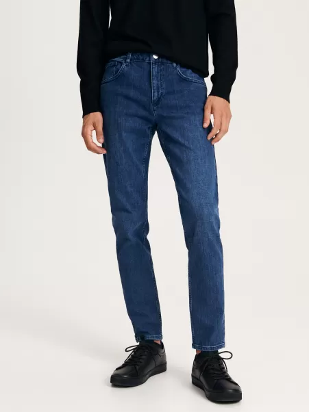 Premium Quality Uomo Reserved Blu Negozio Jeans Slim Con Effetto Slavato